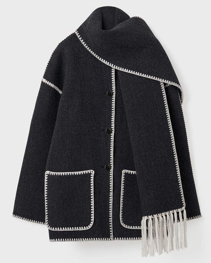Women's Oversized Cape Coat with Contrast Trim and Fringe