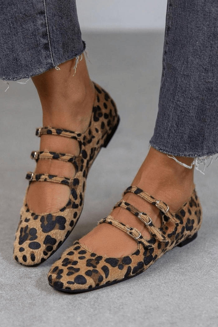 Women's Leopard Print Mary Jane Shoes with Triple Buckle