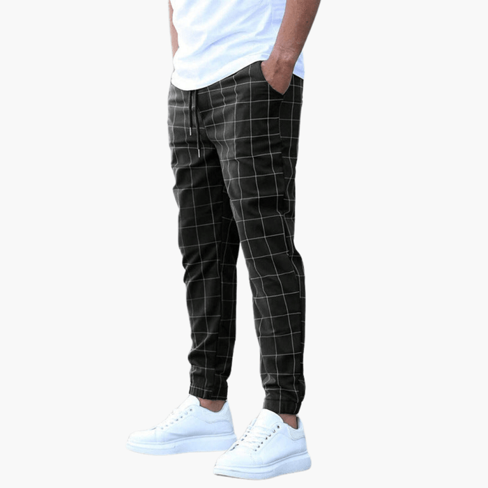 Men’s Check Trousers with Adjustable Waistband and Straight Legs