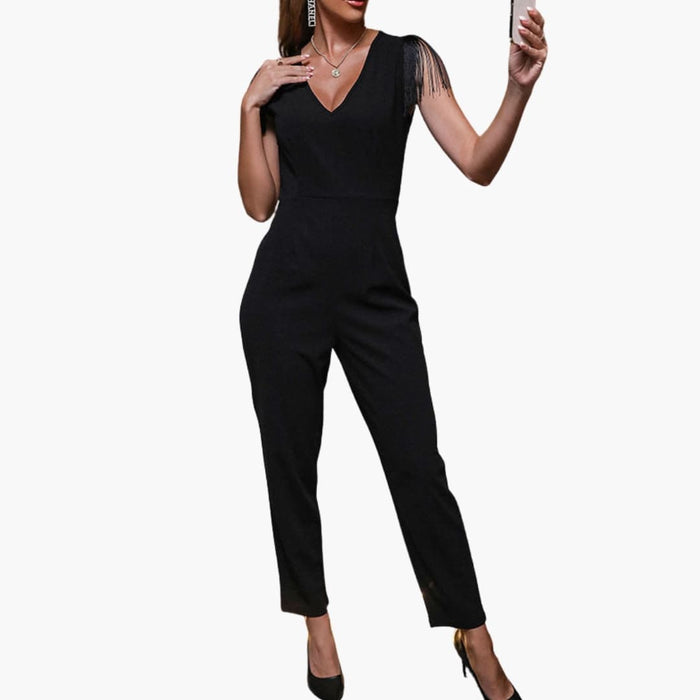 Women’s V-Neck Jumpsuit with Fringe Detail – Sleeveless One-Piece