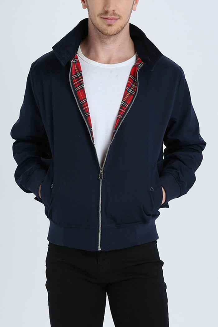 Men's Harrington Jacket Full Zip Front with Tartan Lining