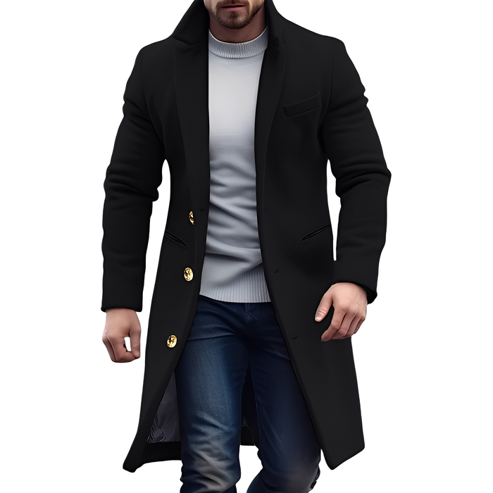 Men's Long Wool Coat with Stand Collar and Button Closure