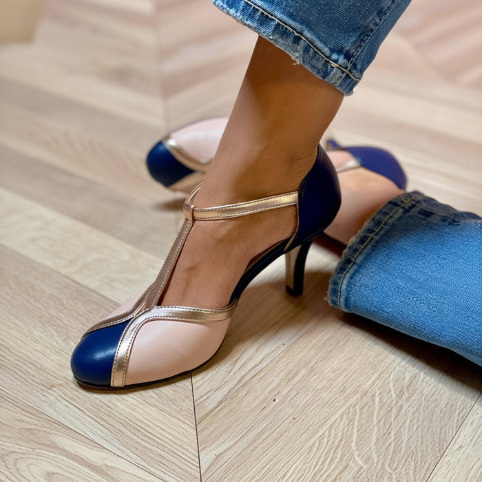 Women's Colorblock T-Strap Round-Toe Heels