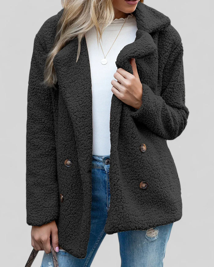 Women's Teddy Coat with Wide Lapels and Double-Breasted Front