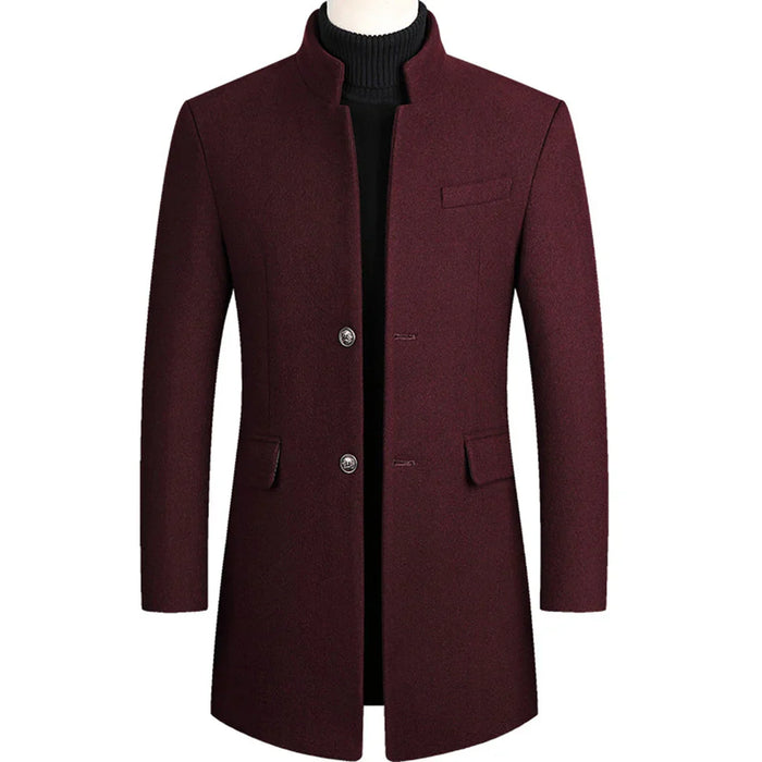 Men's Long Overcoat with Stand Collar and Button Closure