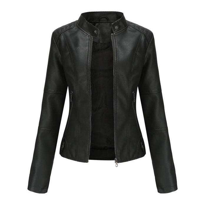 Women's Biker Jacket with Quilted Shoulders and Zip Front