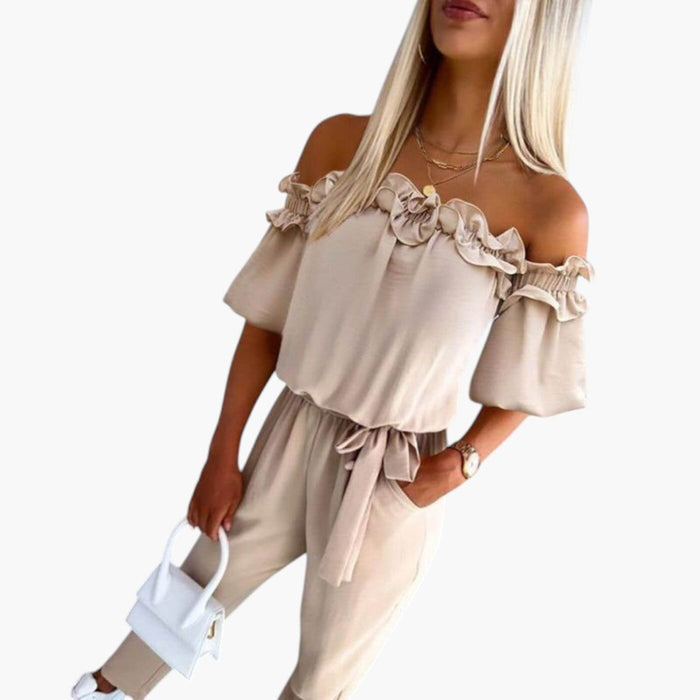 Women’s Jumpsuit with Off Shoulder Neck and Tie Waist