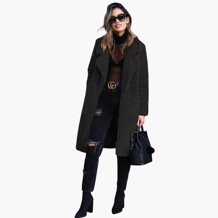 Women's Long Teddy Coat with Wide Collar