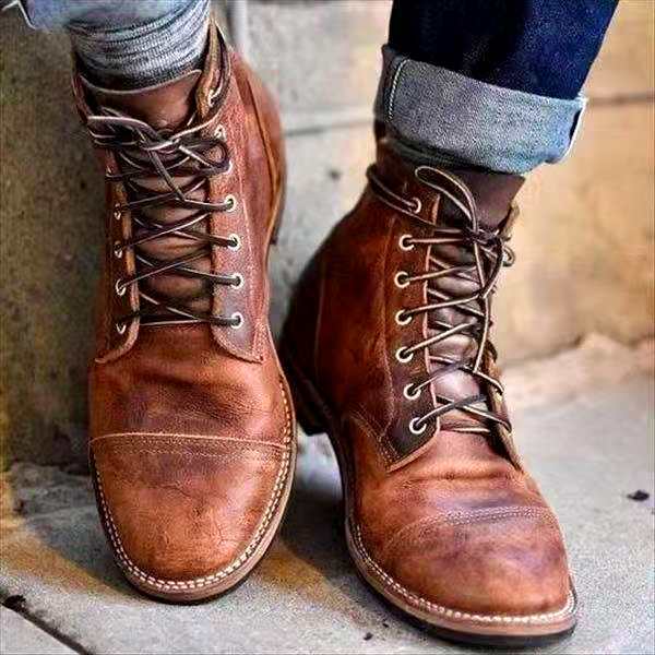 Men's Brown Lace-Up Boots with Cap Toe and Contrast Stitching