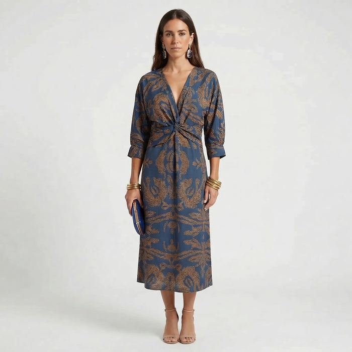 Women's Botanical Print Wrap Midi Dress with V-Neckline