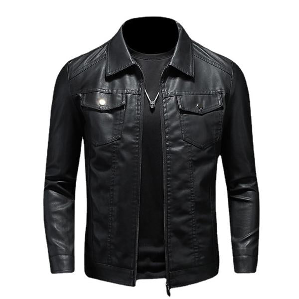 Men's Biker Jacket with Snap Collar and Zip Front
