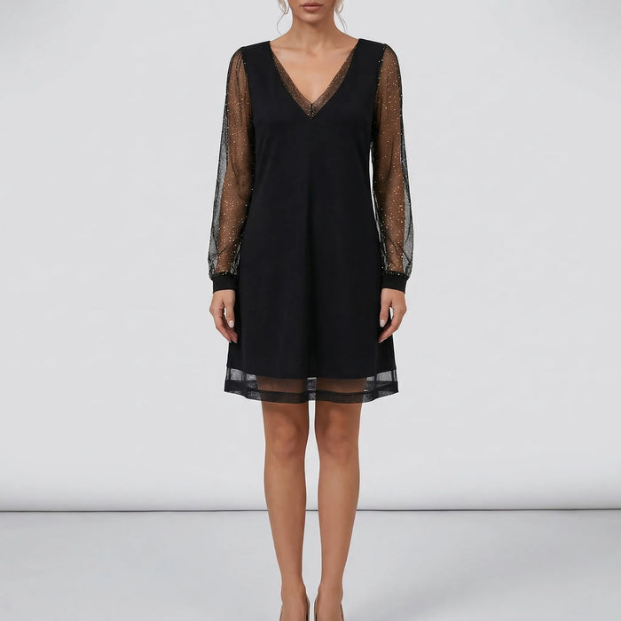 Women's V-Neck Cocktail Dress Sheer Glitter Mesh Sleeves