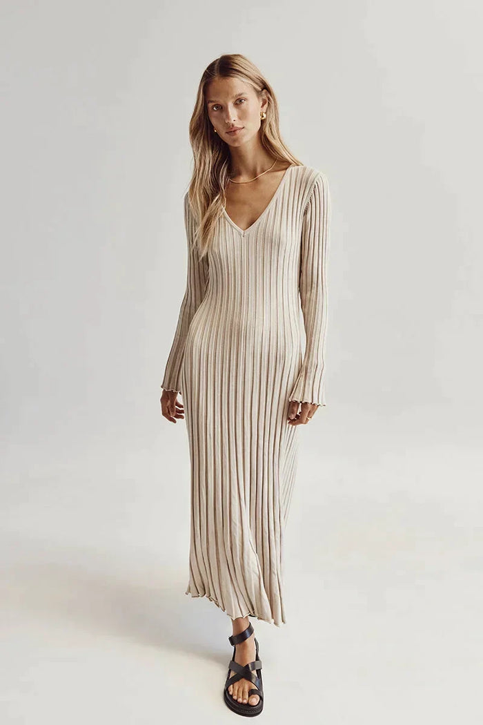 Women's Ribbed Maxi Dress Long Sleeve V-Neck Shift
