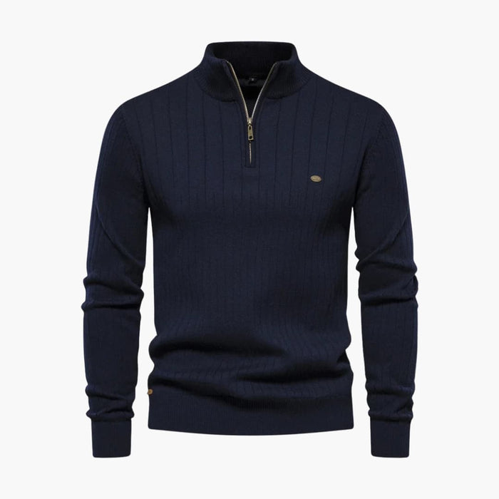 Men’s Ribbed Knit Jumper with Half-Zip and Stand-Up Collar