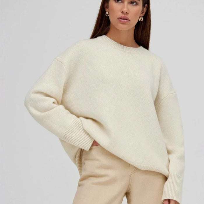 Women's Crew Neck Jumper with Ribbed Cuffs and Hem