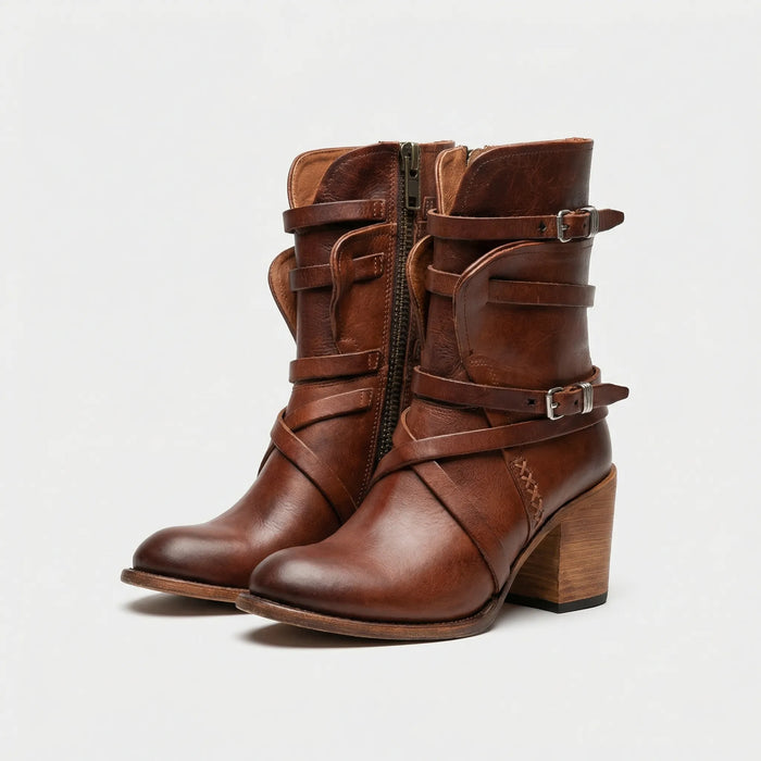 Women's Strappy Ankle Boots with Block Heel and Side Zip