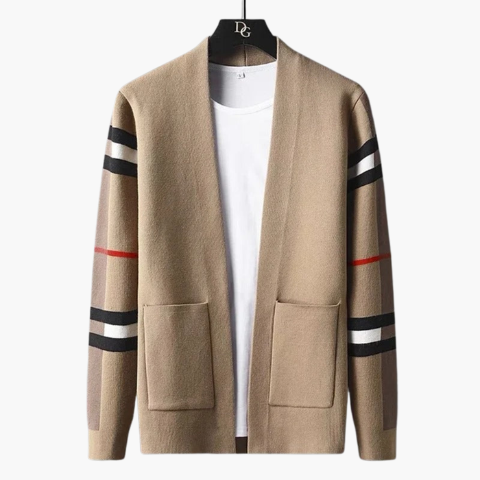 Men's Cardigan with Striped Sleeves and Front Pockets