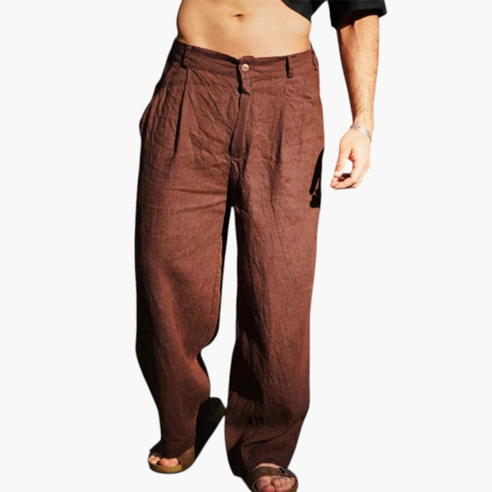Men's Linen Trousers with Wide Legs and Pleated Front