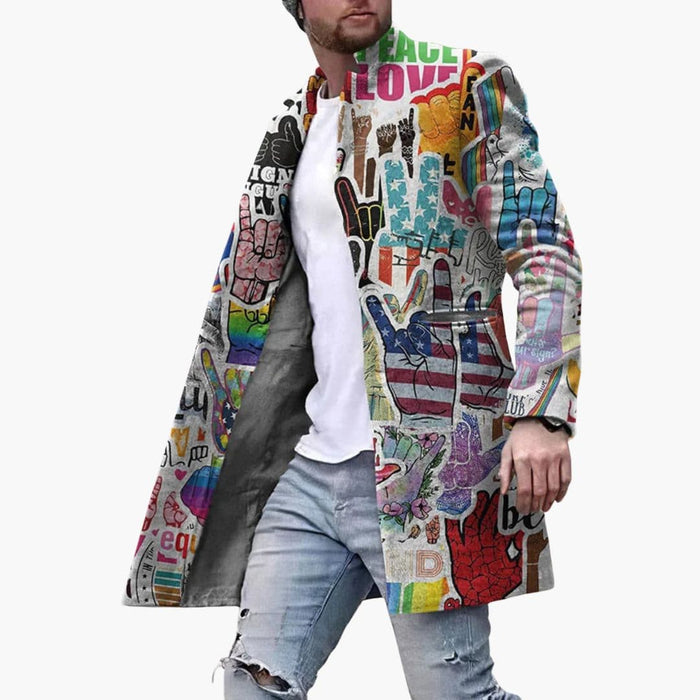 Men’s Long Graphic Coat with Front Opening