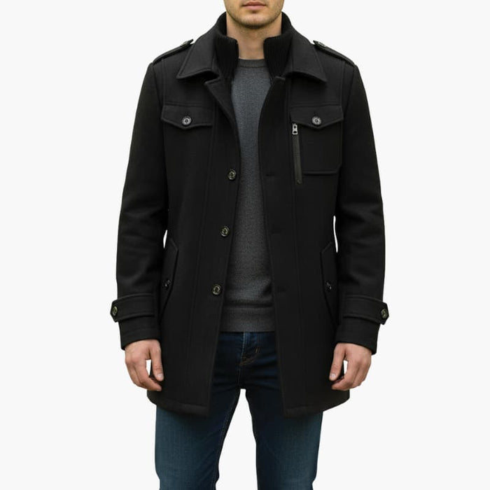 Men's Mid-Thigh Coat with Notched Lapel and Button Closure
