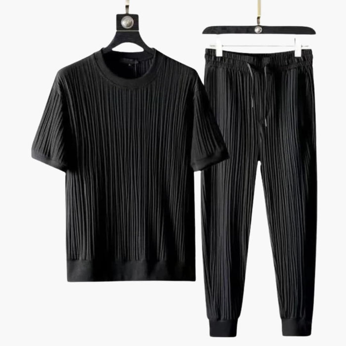 Men’s Pleated Two-Piece Jogger Set – Short Sleeve T-Shirt and Drawstring Trousers