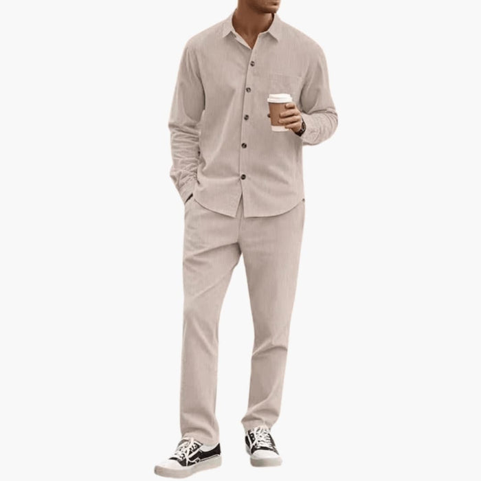 Men’s Striped Two-Piece Set – Long Sleeve Button-Down Shirt and Straight Leg Trousers