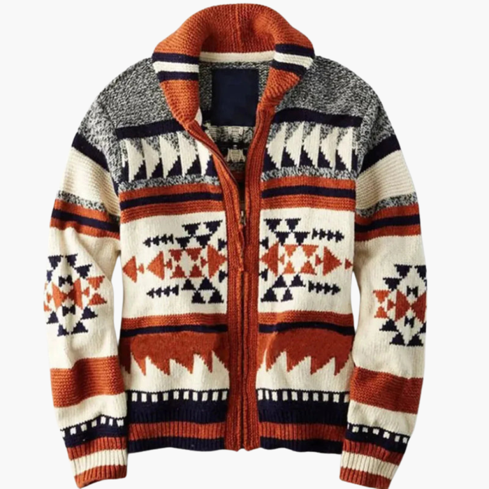 Men’s Zip Cardigan with Jacquard Pattern and Stand Collar