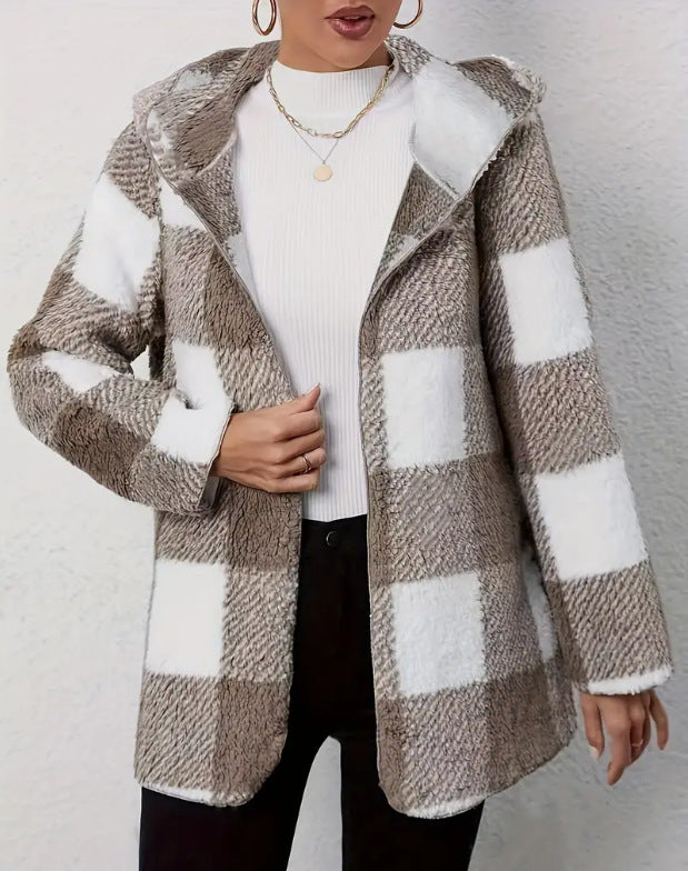 Women's Hooded Check Teddy Coat Relaxed Fit