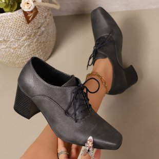 Women's Lace-Up Block Heel Shoes with Square Toe