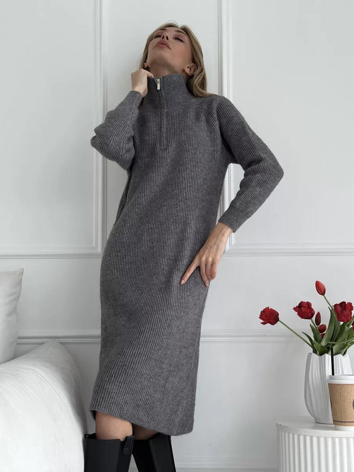 Women's Ribbed Knit Midi Dress with Funnel Neck and Zip