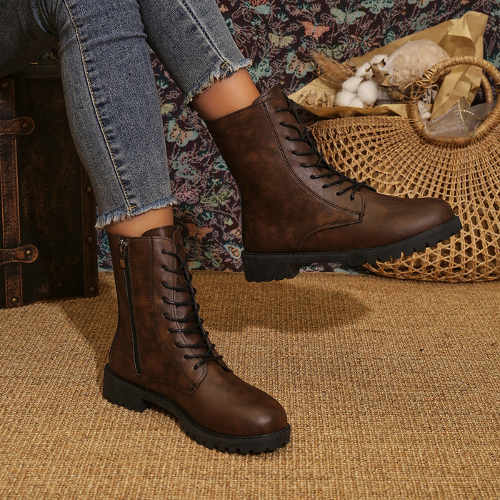 Women's Lace-Up Combat Boots Side Zip Chunky Sole