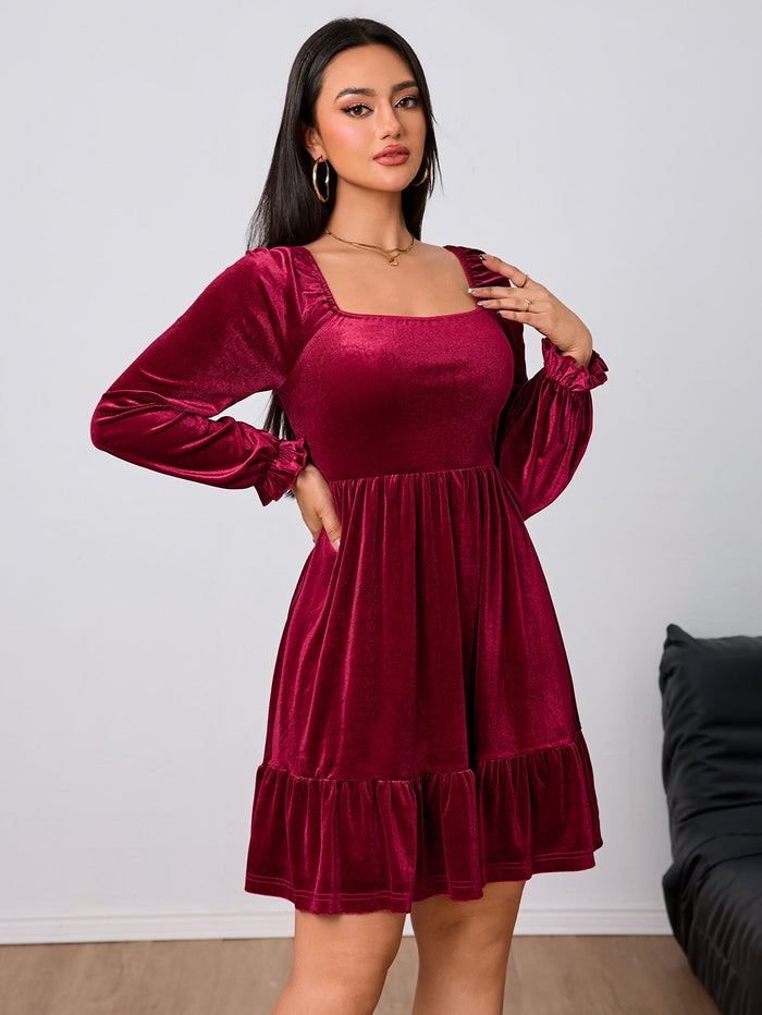 Women's Velvet A-Line Mini Dress with Puff Sleeves