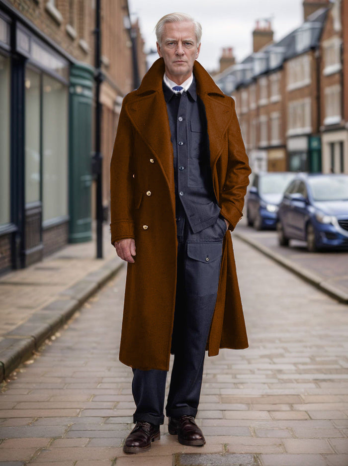 Men's Double-Breasted Long Overcoat with Wide Collar