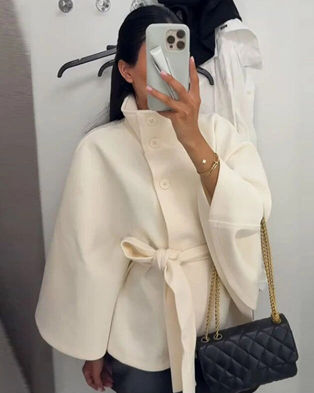 Women's Belted Stand Collar Blazer Jacket Tailored Fit
