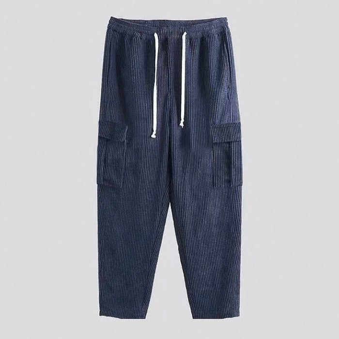 Men's Corduroy Cargo Trousers with Drawstring Elasticated Waist