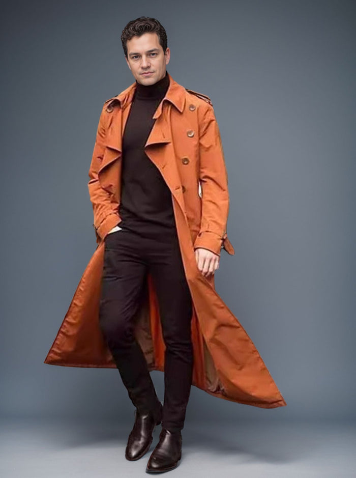 Men's Double-Breasted Trench Coat Long Length