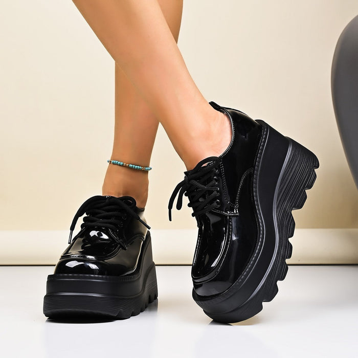 Women's Platform Lace-Up Shoes with Glossy Finish