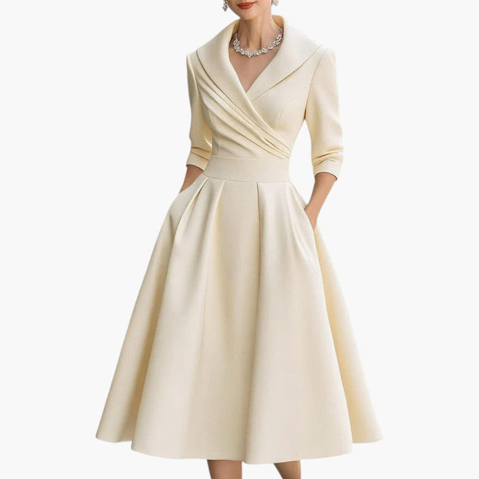 Women’s Midi Dress with Crossed Neckline and Pleated Skirt