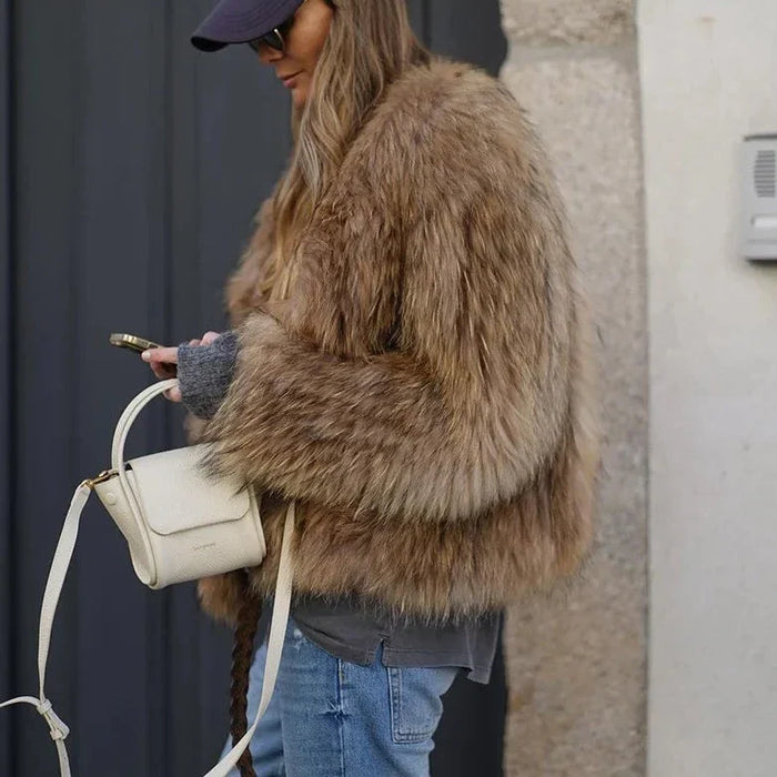 Women's Shaggy Faux Fur Bomber Jacket Short Cropped
