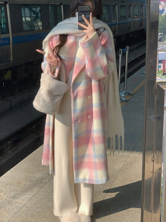 Women's Plaid Teddy Coat with Shawl Collar and Button Front
