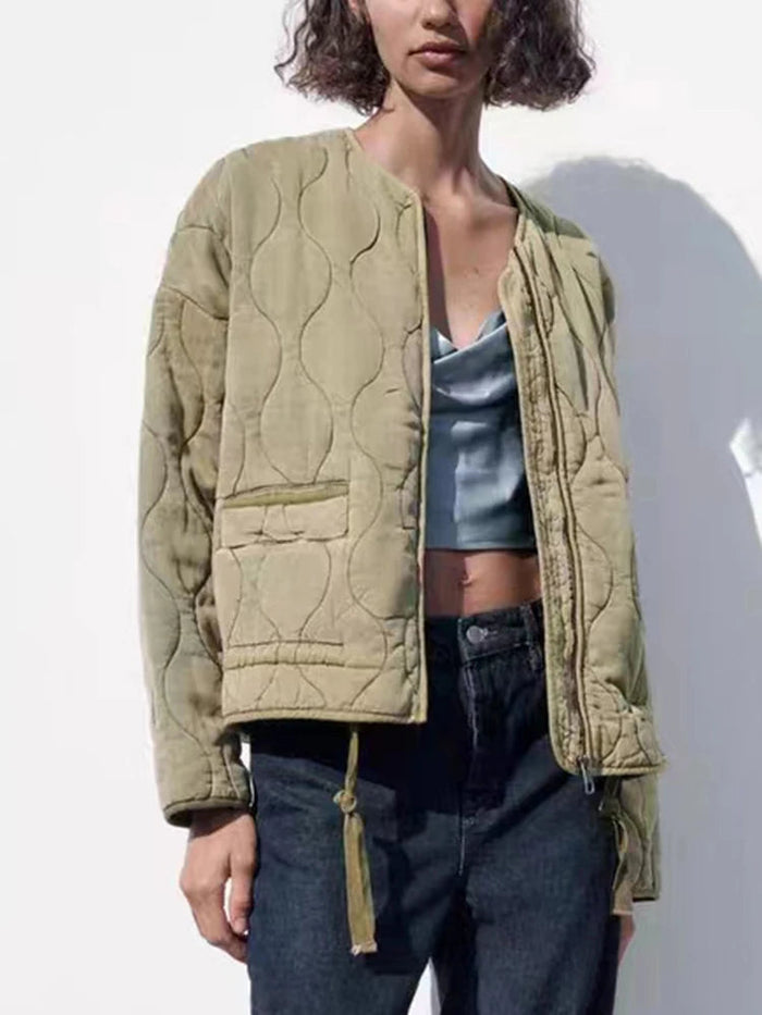 Women's Quilted Oversized Jacket with Round-Neck Zip