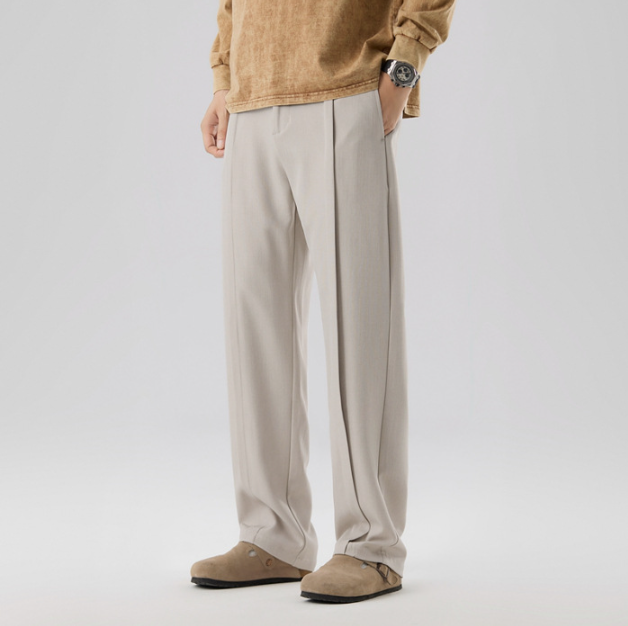 Men's Pleated Chino Trousers Straight Leg with Front Creases