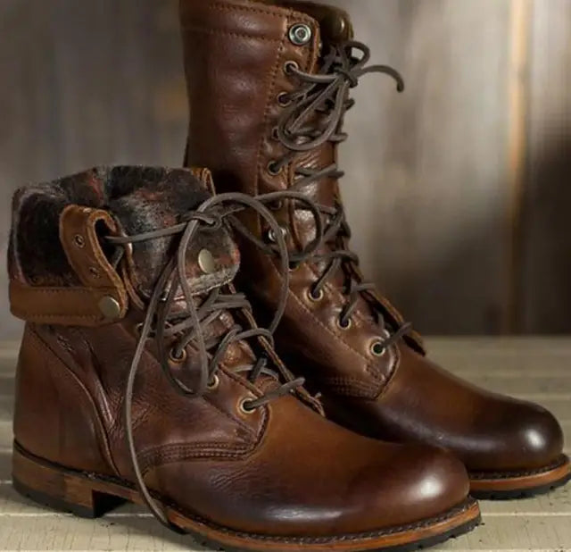 Women's Lace-Up Leather Combat Boots with Flat Heel
