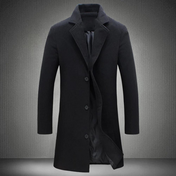 Men's Long Wool Coat with Notch Collar and Button Front