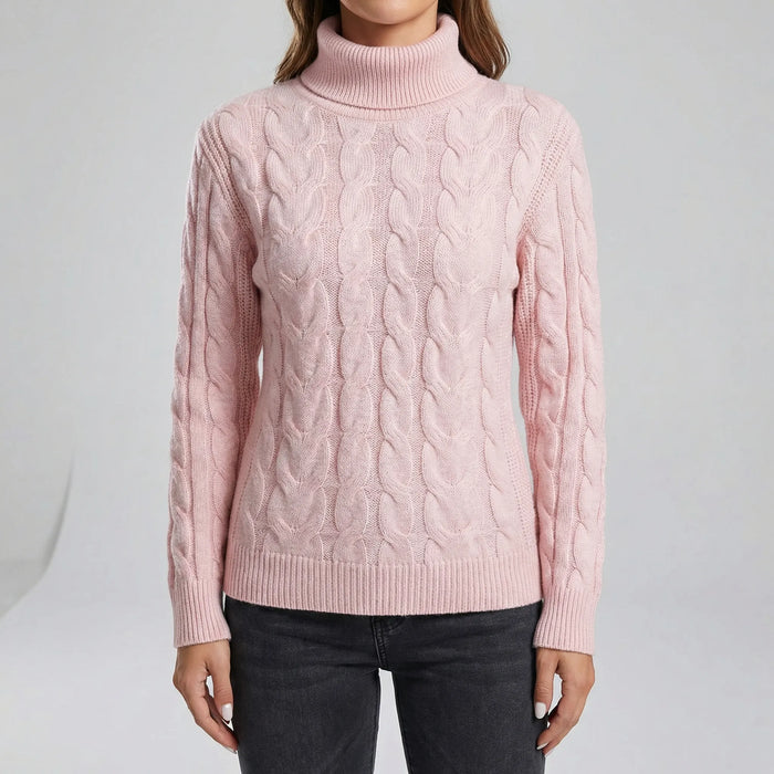 Women's Cable Knit Turtleneck Jumper Fitted Ribbed Cuffs