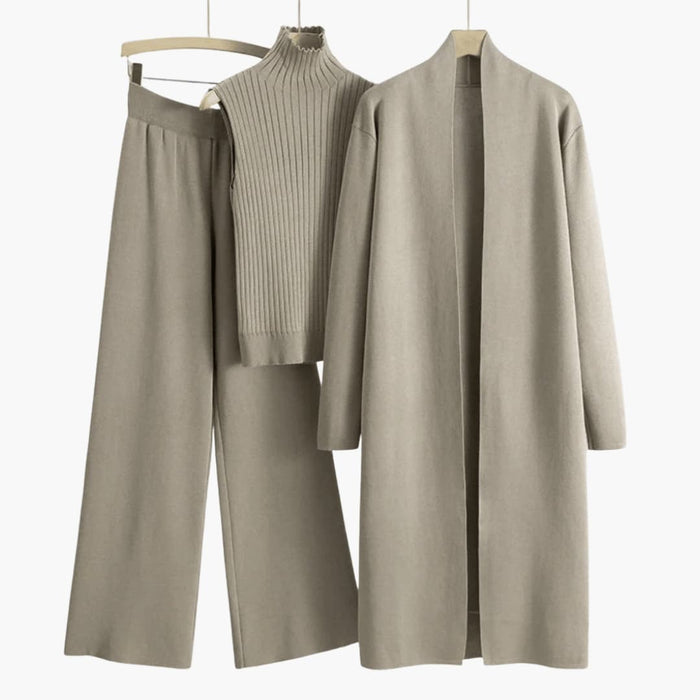 Women’s 3 Piece Knit Set with Open Cardigan Sleeveless Top and Wide Leg Trousers