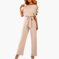 Women’s Belted Wide Leg Jumpsuit – Short Sleeve Full-Length Outfit