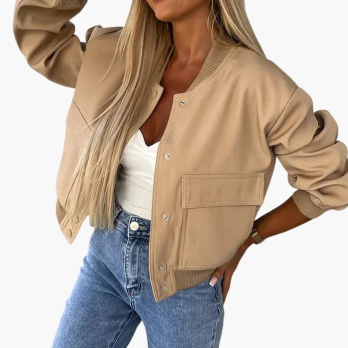 Women’s Bomber Jacket with Round Neckline and Elastic Hem