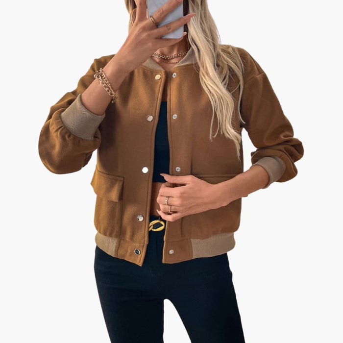 Women’s Bomber Jacket with Snap Button Front and Side Pockets