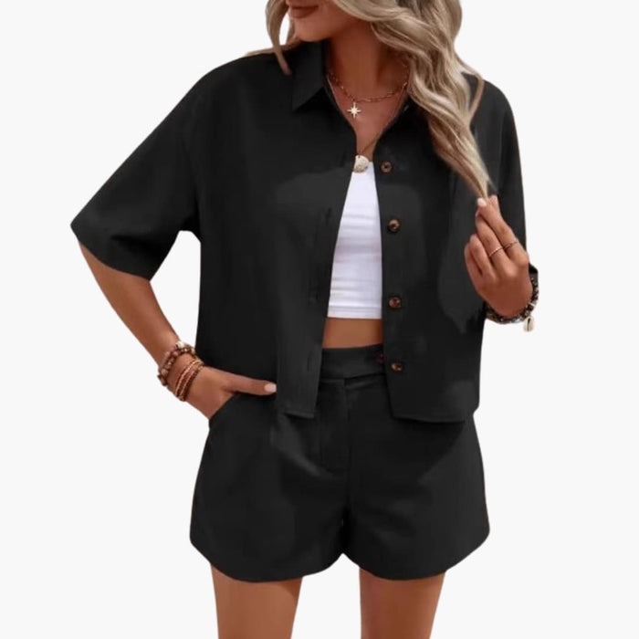 Women’s Button-Down Shirt and Shorts Set – Two-Piece Summer Outfit
